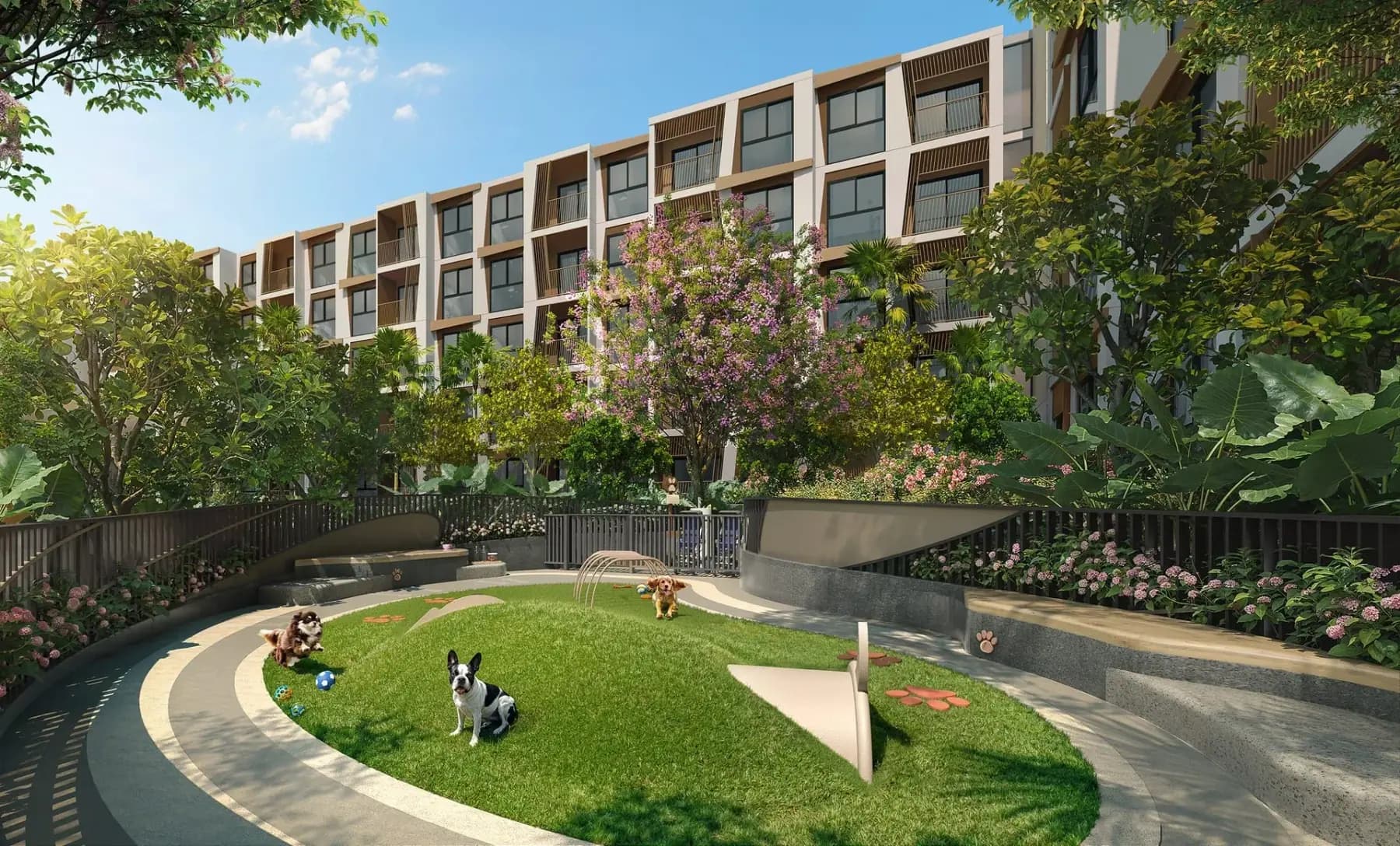 Rhea by Sansiri pet park with a grass play area and dog tunnels, landscape visualisation