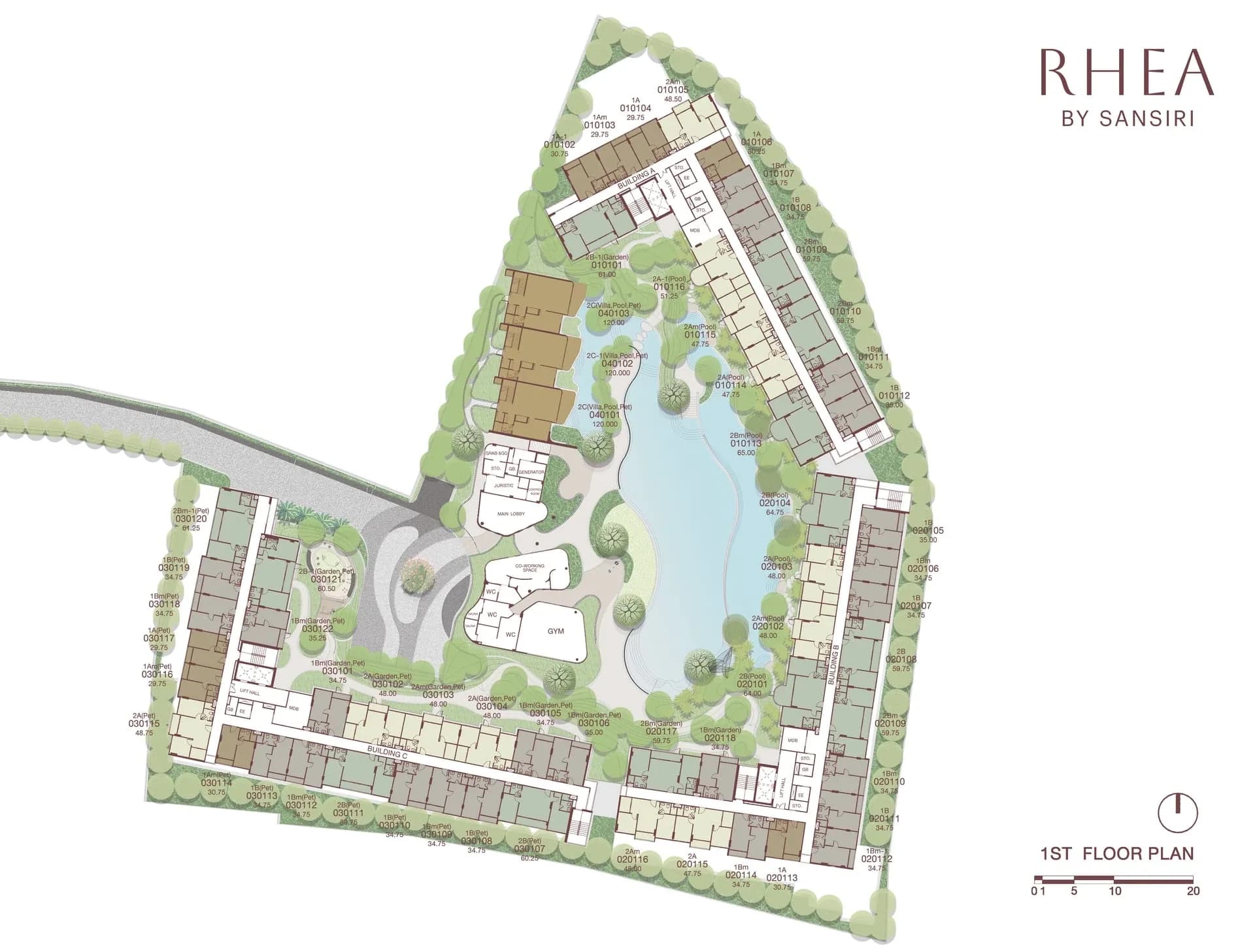 Rhea by Sansiri ground-floor site plan showing Buildings A, B and C, the lagoon pool, gardens and entrance