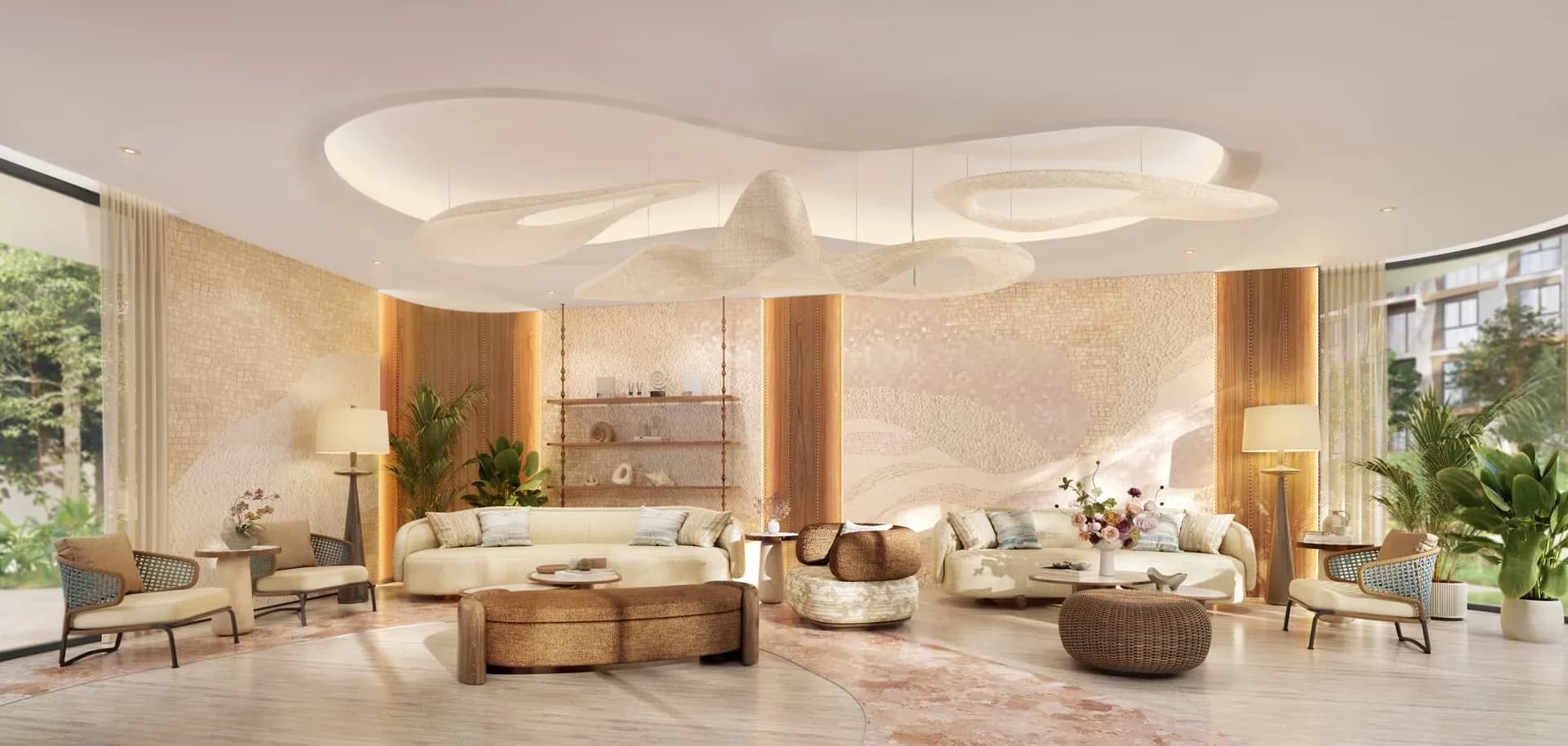 Rhea by Sansiri co-working lounge with sofas and shared seating, interior visualisation
