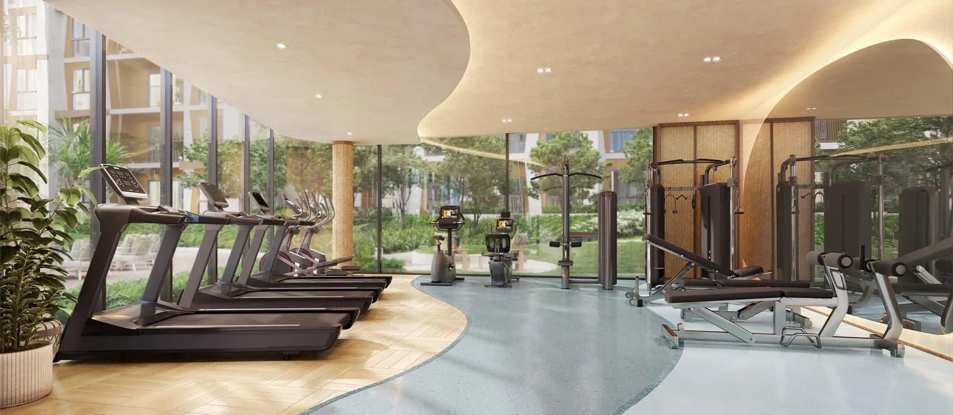 Rhea by Sansiri fitness room with treadmills, strength equipment and garden-facing windows, visualisation