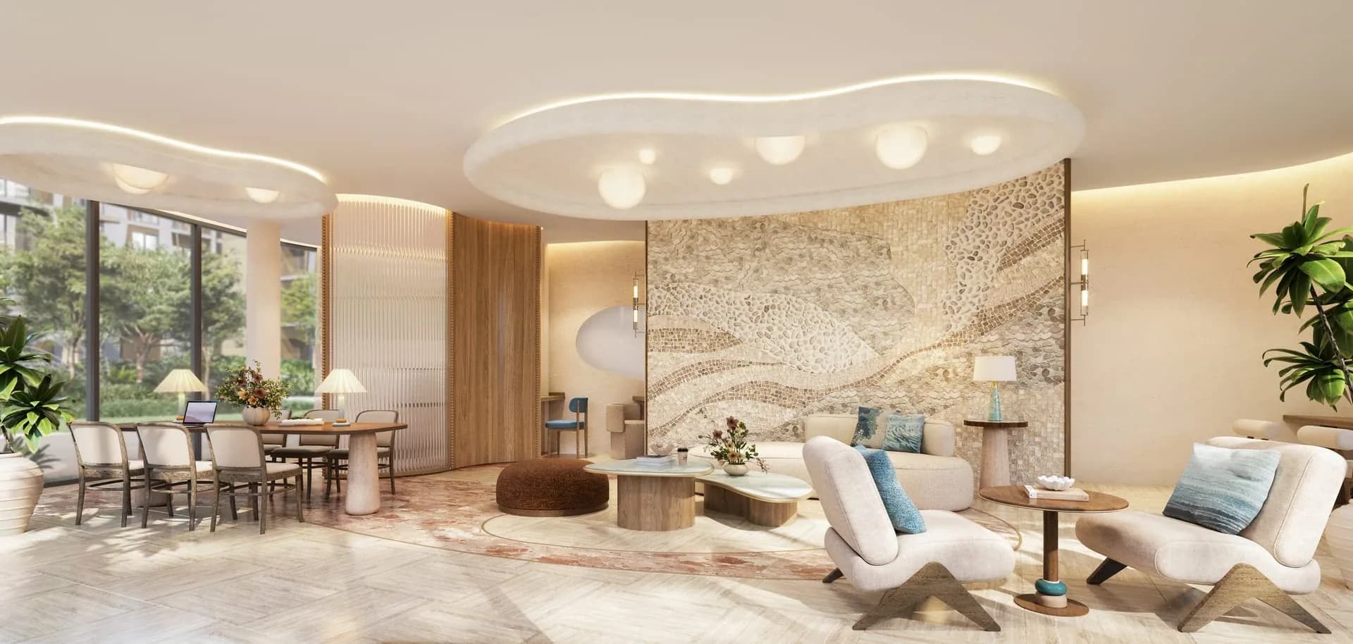 Rhea by Sansiri lobby with lounge chairs and tables beside large windows, interior visualisation
